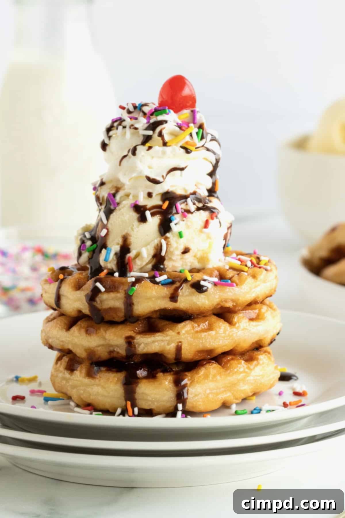 Glazed Waffle Rings 6 An ice cream sundae made with a stack of three donut waffles, two scoops of vanilla ice cream, chocolate sauce, rainbow sprinkles and a cherry on top.