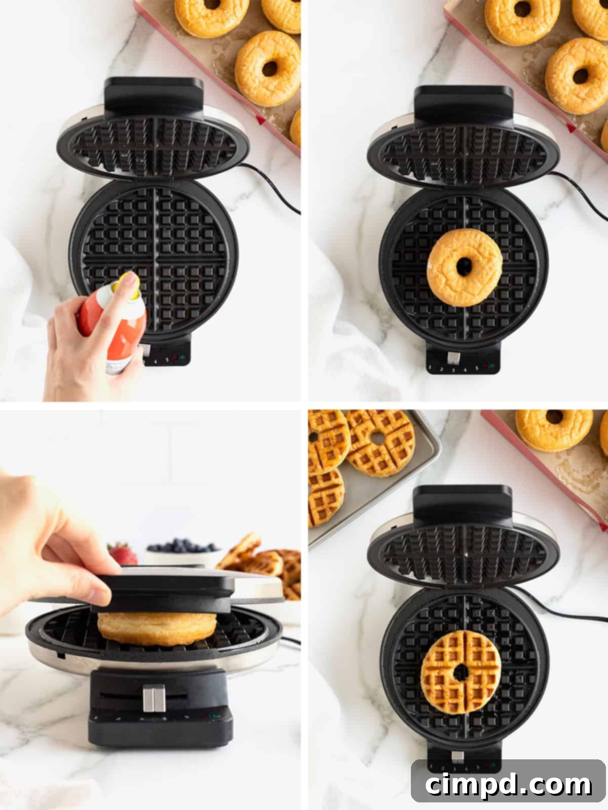 Glazed Waffle Rings 9 A visual guide showing the steps to making waffles out of donuts, from placing to removal.