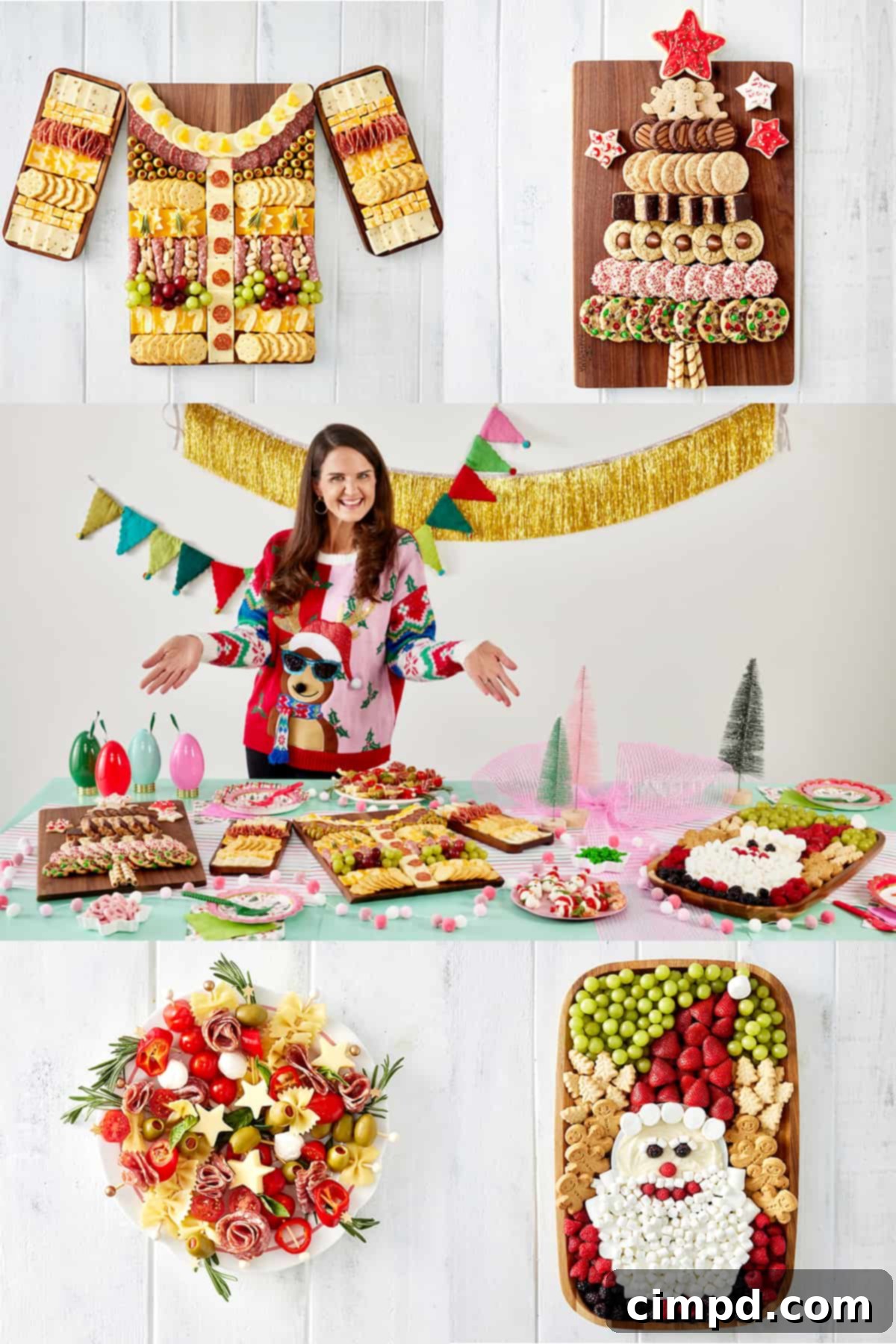 A vibrant collage showcasing various elements of an ugly sweater holiday party, including festive decorations and an array of adorable themed foods. Perfect for inspiring your own Ugly Sweater Holiday Party with delicious treats.