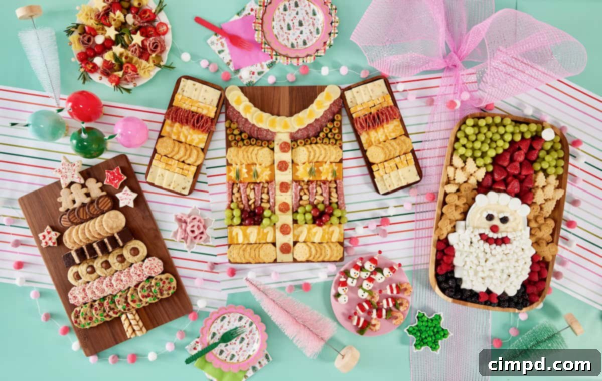 An elaborate and colorful holiday food spread, thoughtfully arranged for an ugly holiday sweater party, showcasing a variety of festive dishes designed to delight guests.