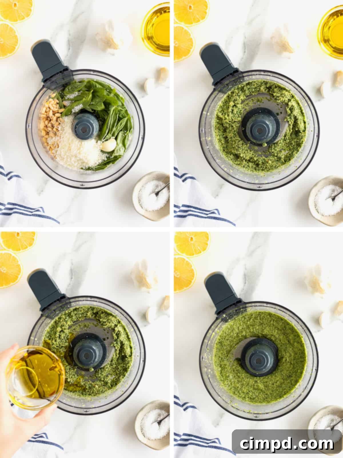 Crafting Your Own Fresh Basil Pesto 6 A series of close-up images depicting the step-by-step process of making pesto in a food processor, from combining ingredients to final blending.