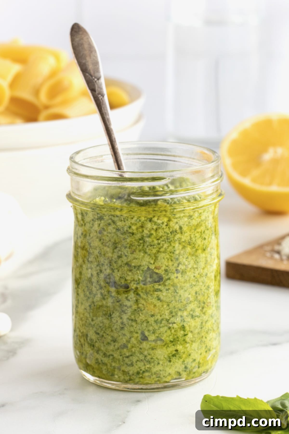 Crafting Your Own Fresh Basil Pesto 7 A charming glass jar brimming with fresh basil pesto, ready for storage or immediate enjoyment.