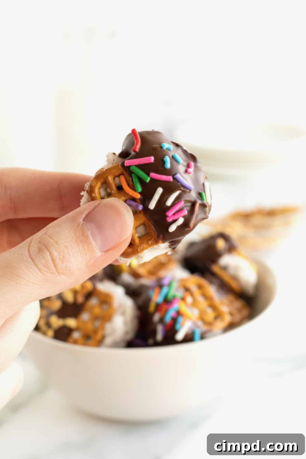 A mini ice cream sandwich made with pretzels and dipped in chocolate and coated in rainbow sprinkles.