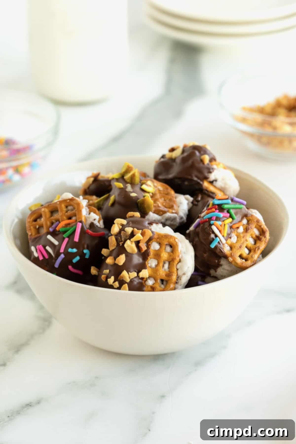 A white serving bowl filled with pretzel ice cream sandwich bites dipped in chocolate and coated in sprinkles.