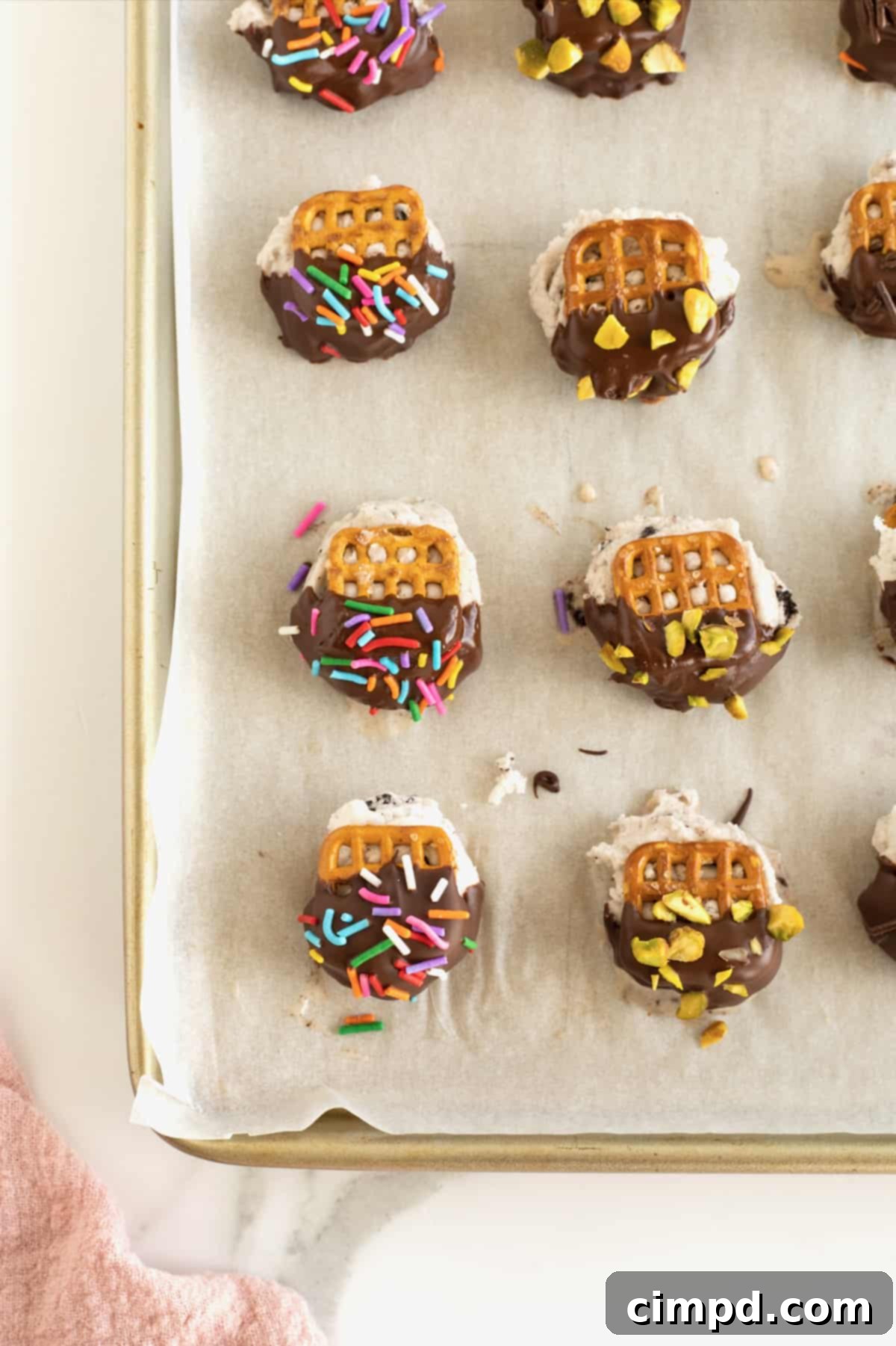 A parchment lined baking tray filled with pretzel snap ice cream bites dipped in chocolate and coated in sprinkles and chopped nuts.