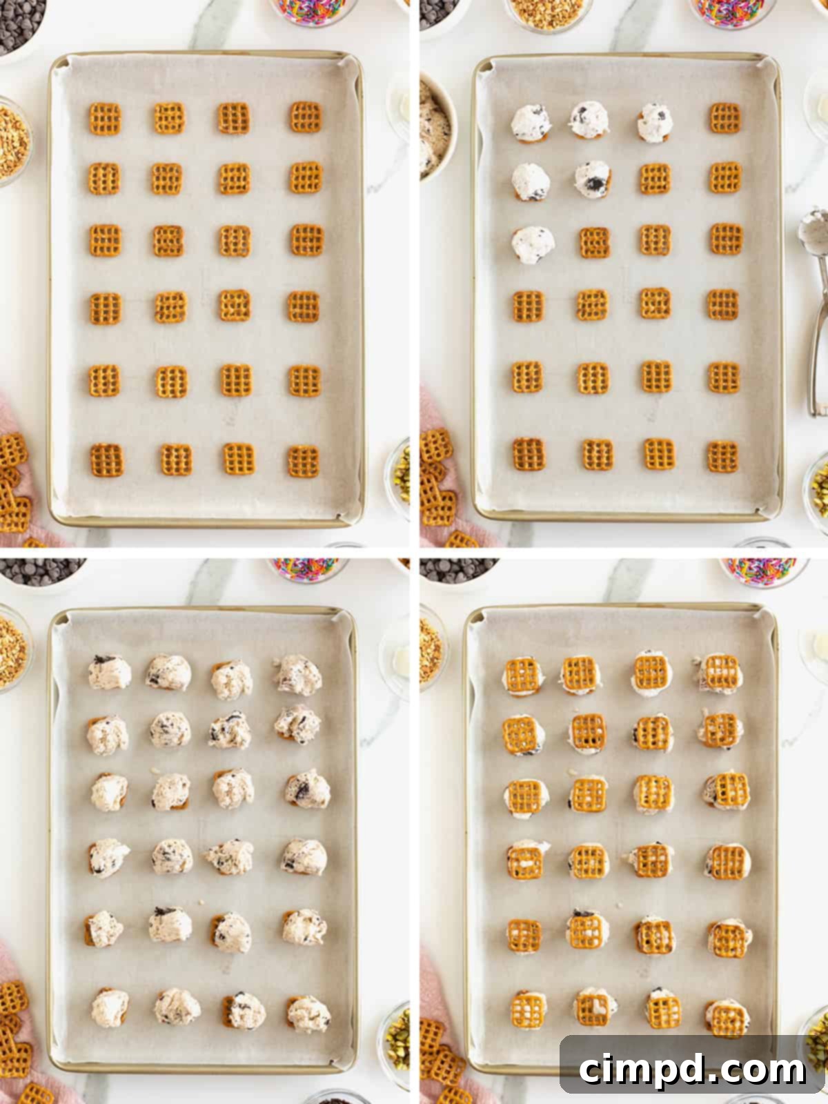 Steps to make pretzel ice cream sandwich bites.