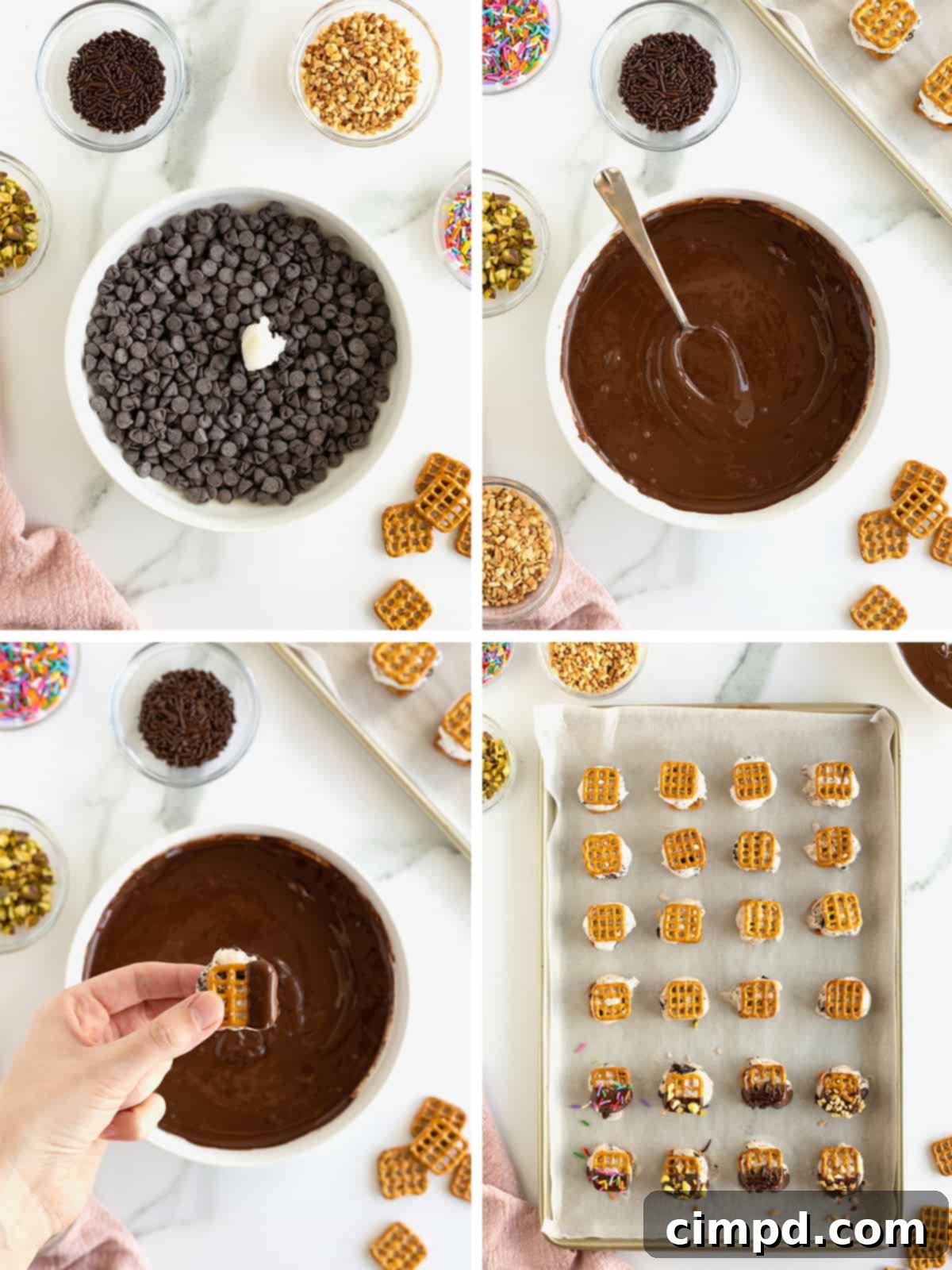 Steps to make pretzel ice cream sandwich bites.