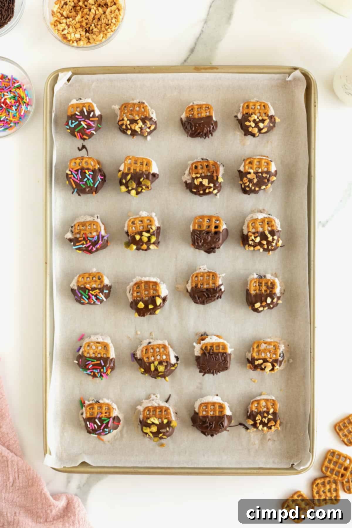 A parchment lined baking tray filled with pretzel snap ice cream bites dipped in chocolate and coated in sprinkles and chopped nuts.