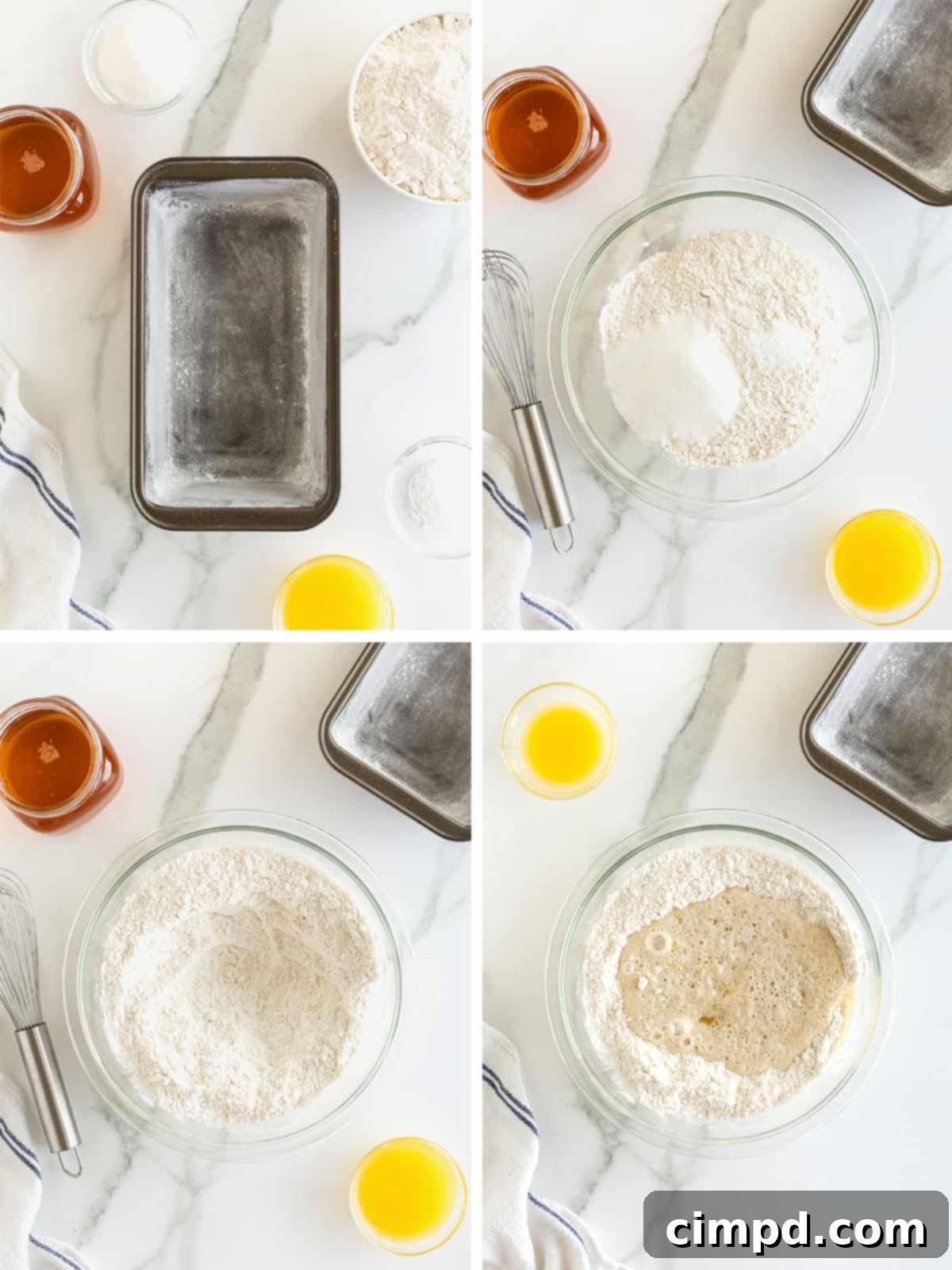 Pub-Style Beer Bread 8 A step-by-step visual guide showing the initial mixing of dry ingredients, adding melted butter and beer, and gently combining the beer bread dough.