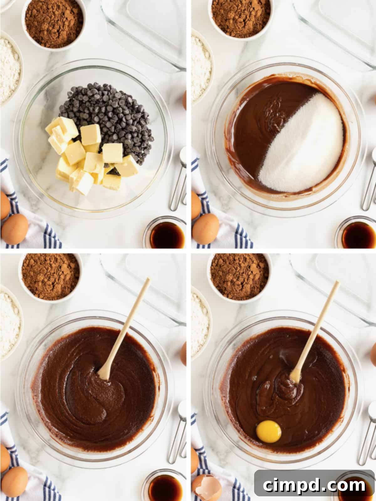 A visual step-by-step guide showing the process of mixing fudge brownie batter in a single glass bowl, highlighting the smooth consistency.