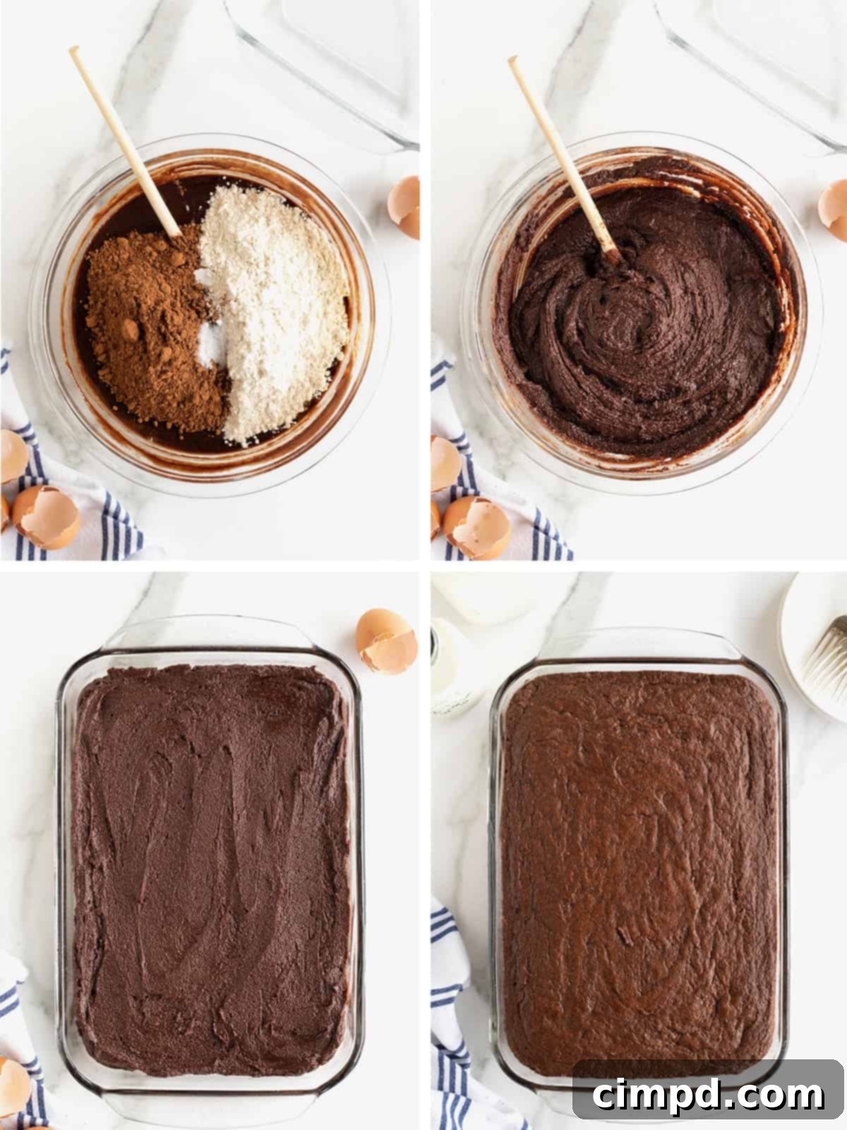 A two-part visual guide detailing the final steps of making one bowl brownies, from spreading batter to the finished baked product.