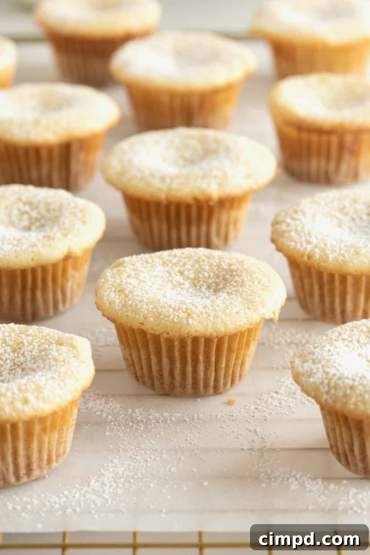 Chewy Butter Cake Squares 2 A row of eleven perfectly baked two-bite gooey butter cakes, glistening with a hint of powdered sugar, arranged neatly on a sheet of parchment paper, ready to be enjoyed.