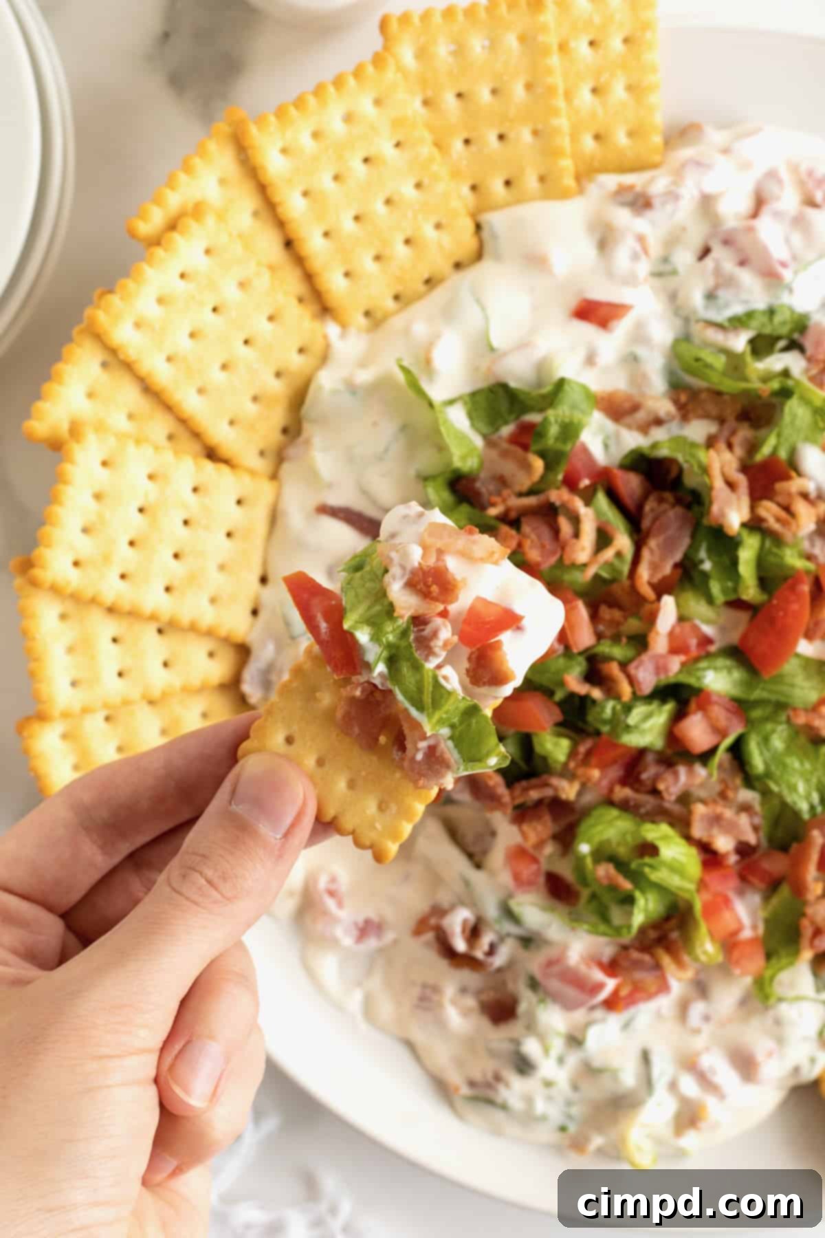 Ultimate BLT Dip 3 A close-up shot of the creamy BLT Dip in a white bowl, showcasing the generous toppings of crumbled bacon, shredded lettuce, and visible tomato pieces, with club crackers ready for dipping.