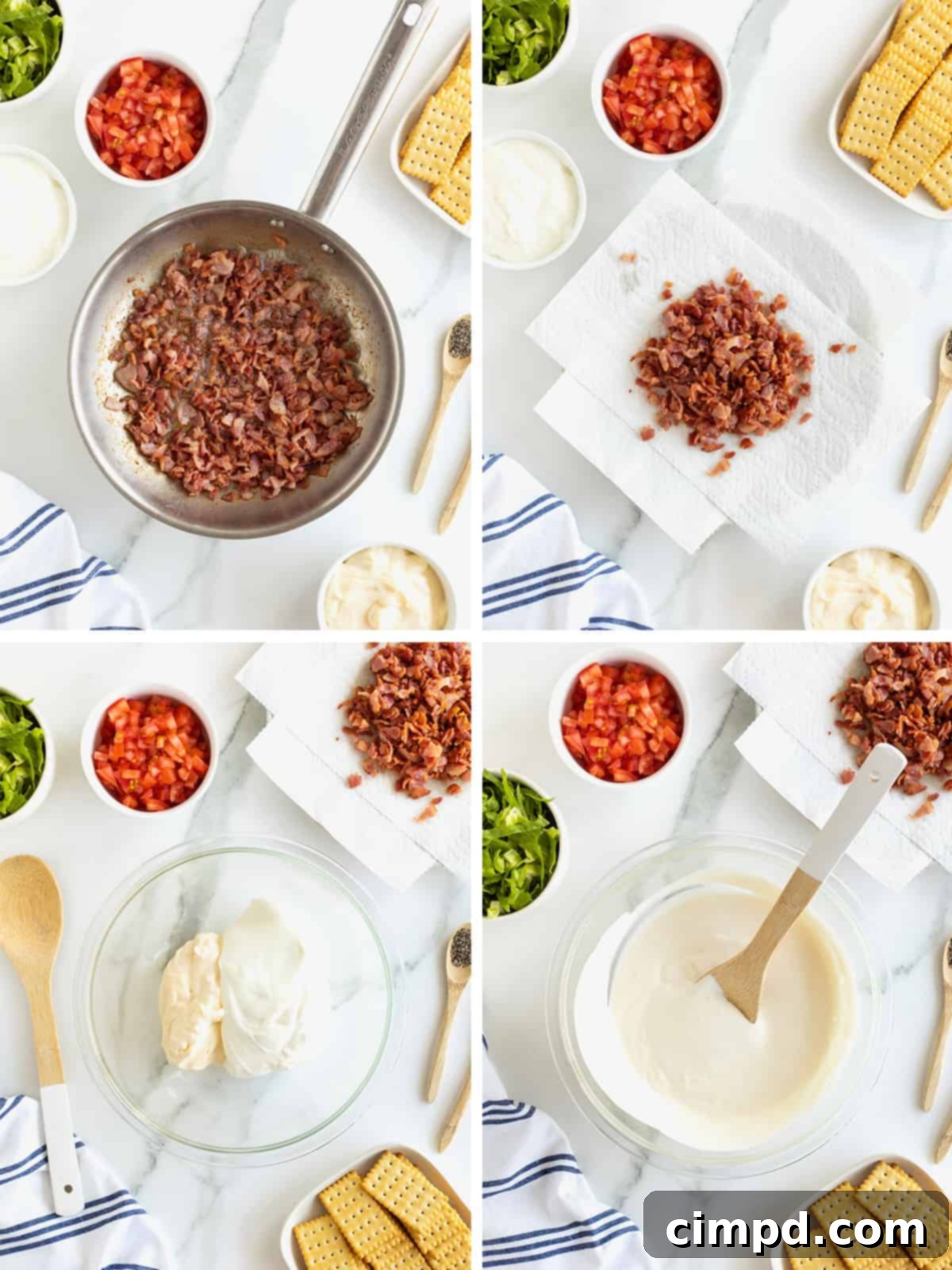 Ultimate BLT Dip 7 A visual step-by-step guide showing the process of making BLT dip, including cooking bacon, mixing the creamy base, and adding fresh ingredients.