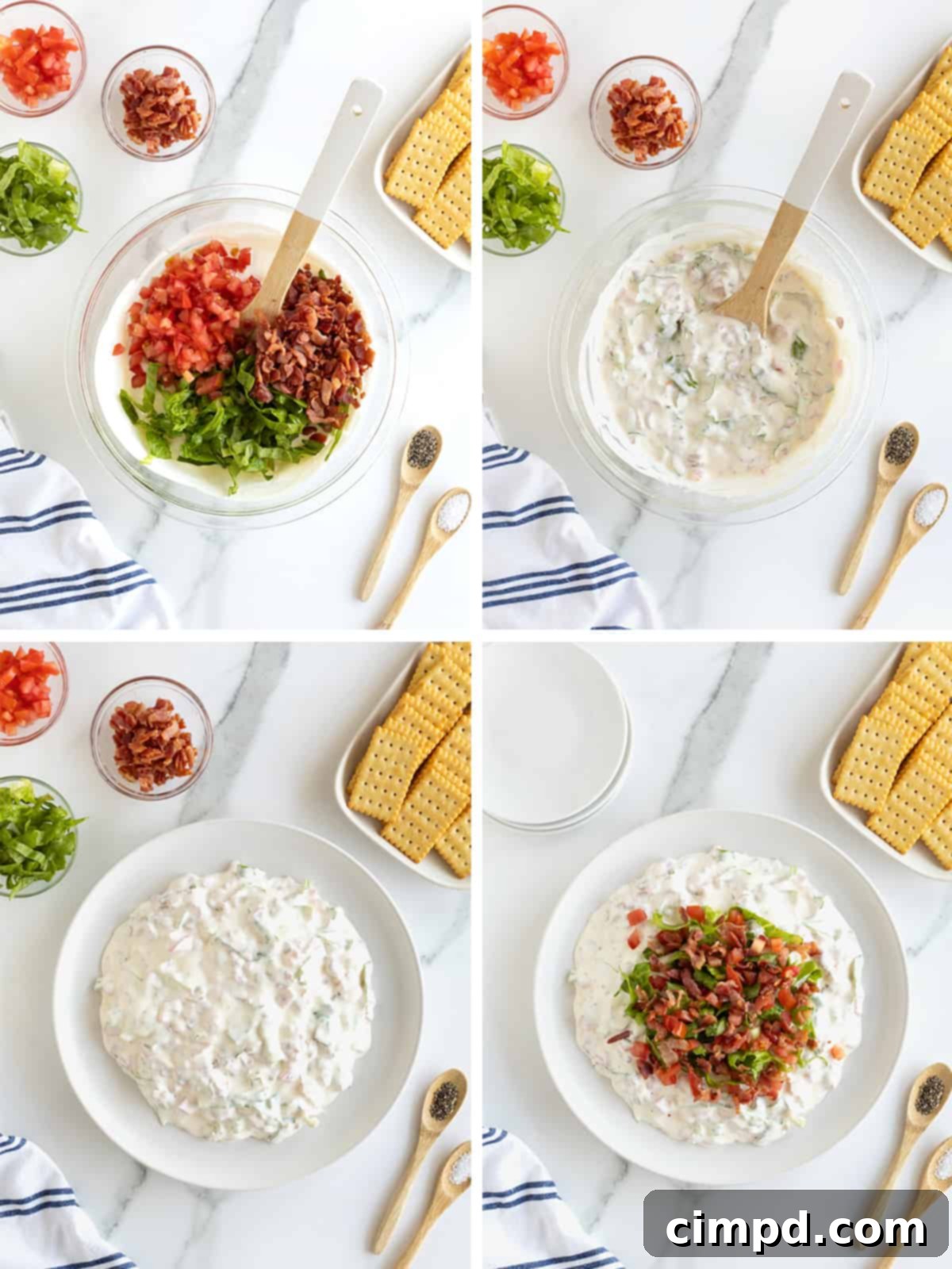 Ultimate BLT Dip 8 Another image from the step-by-step process of making BLT dip, showing the finished dip in a bowl before garnishing, emphasizing the readiness for chilling.