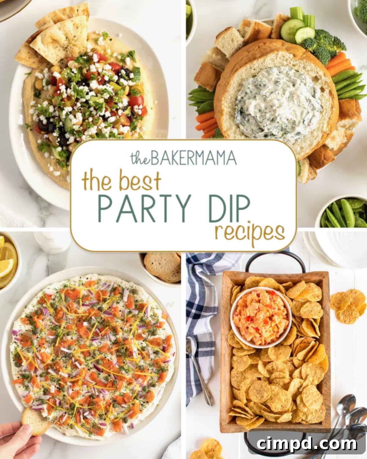 A vibrant collage showcasing several delectable party dips: loaded hummus, creamy spinach dip, elegant smoked salmon bagel dip, and classic pimento cheese dip, all invitingly arranged for a party spread.