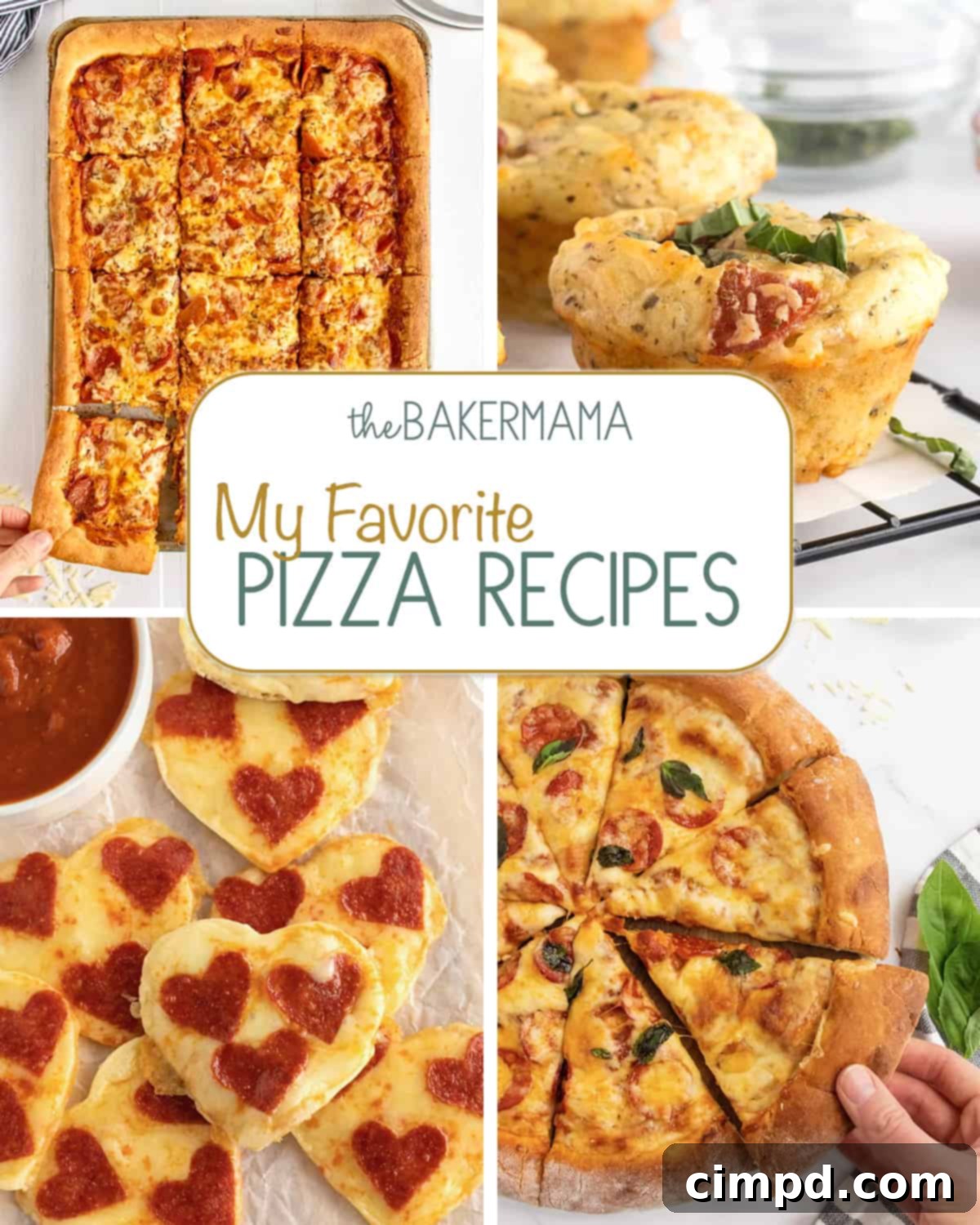 A collage featuring various homemade pizza creations: a classic sheet pan pizza, savory pizza muffins, delightful heart-shaped tortilla pizzas, and a quick and easy pizza dough ready for baking. This collection offers delicious solutions for any pizza craving without the delivery fee.