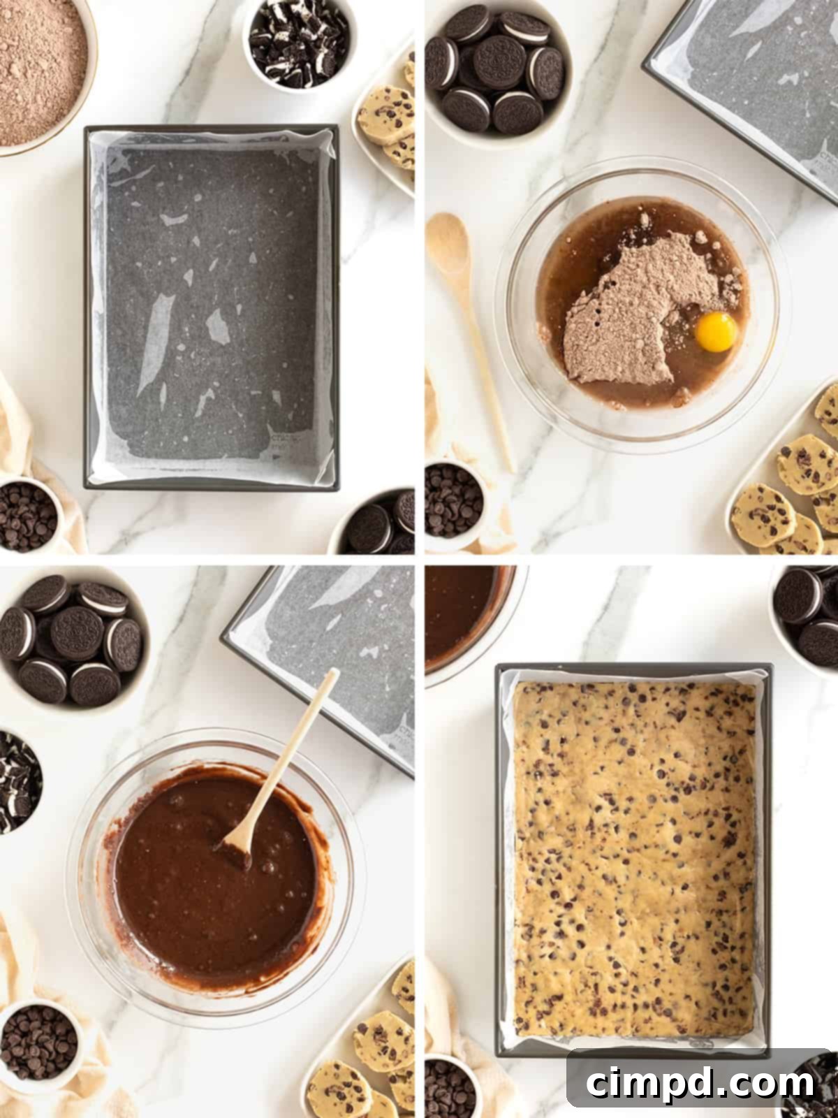 Visual steps for making Triple Threat Brownies: pressing cookie dough into pan, placing Oreos, and pouring brownie batter.