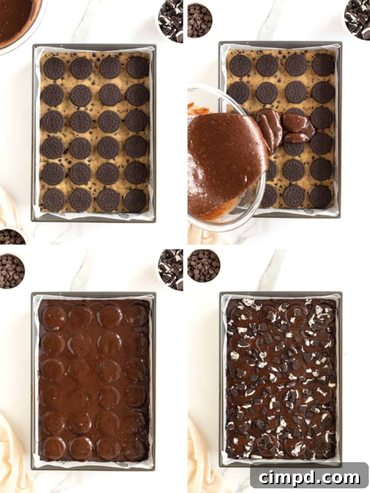 Continuing steps for Triple Threat Brownies: topping with broken Oreos and chocolate chips before baking.