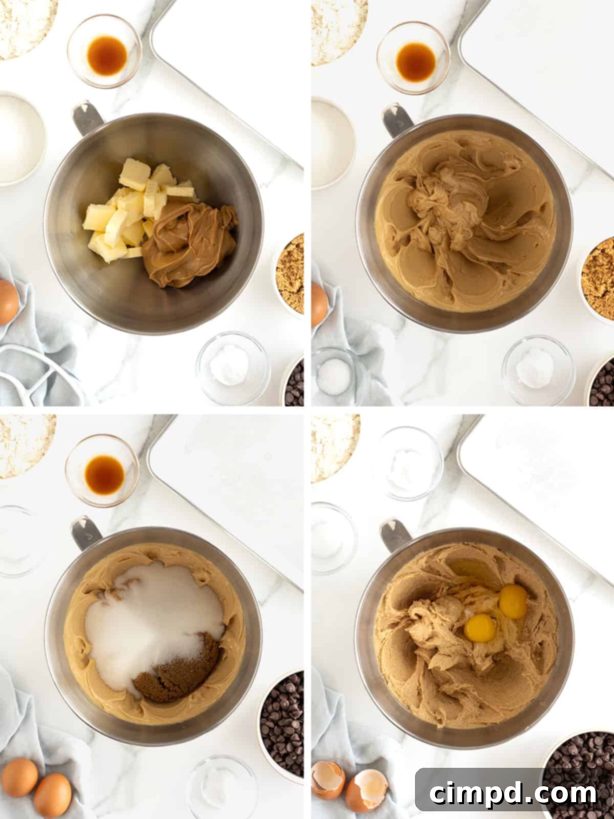 Steps to make peanut butter chocolate chip cookie dough.