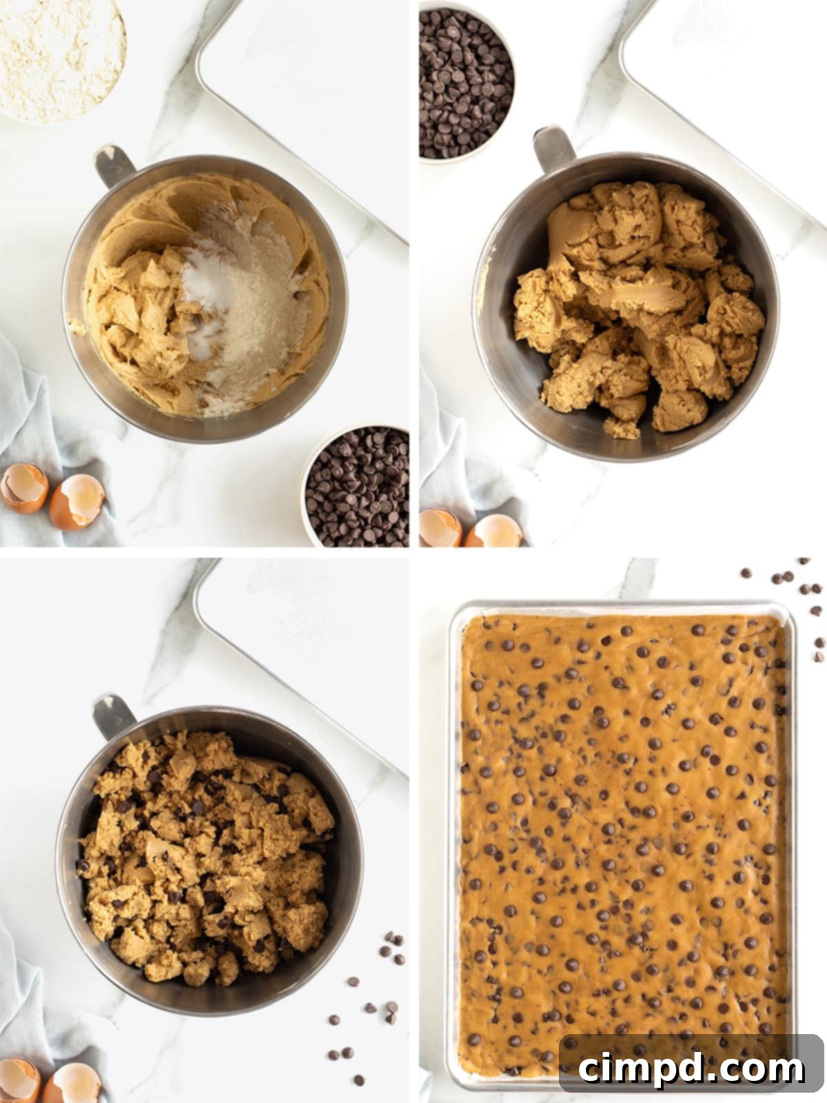 Steps to make peanut butter chocolate chips cookie bars.