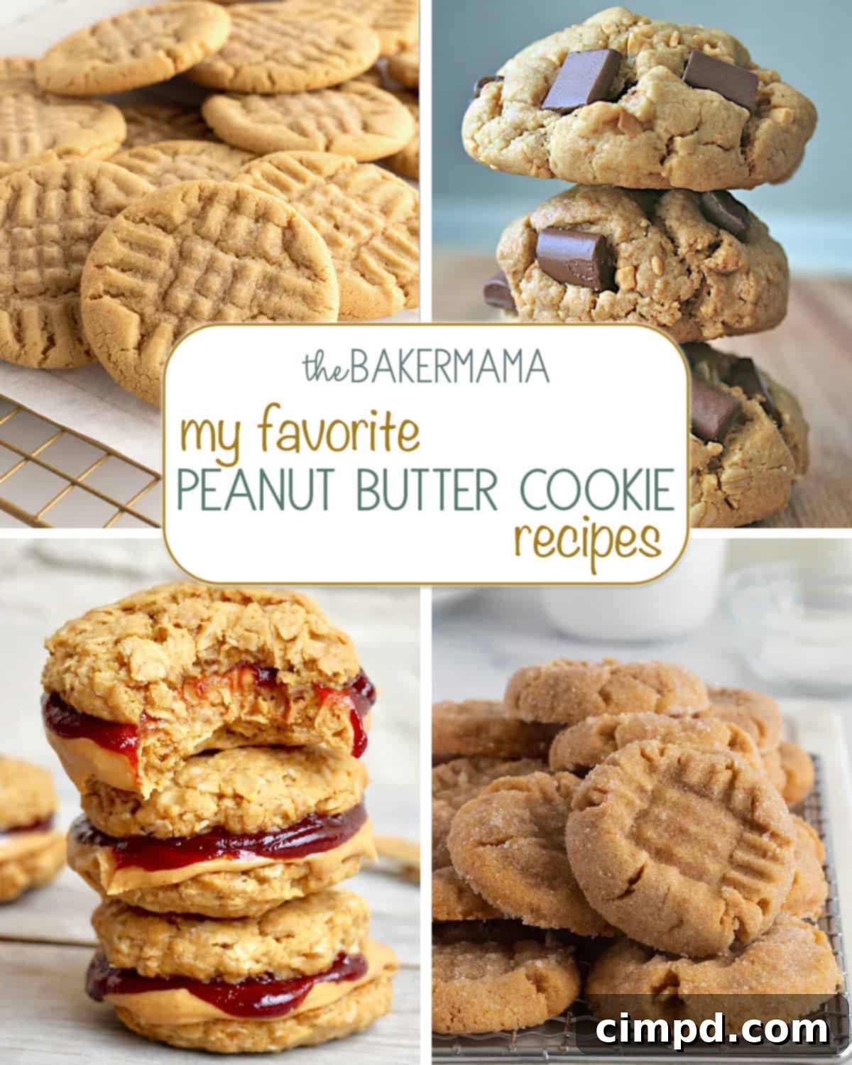 Peanut Butter Cookie Perfection 2 A vibrant collage featuring various peanut butter cookies: classic criss-cross pattern cookies, rich peanut butter chocolate chunk cookies, delightful peanut butter and jelly cookie sandwiches, healthy flourless peanut butter and jelly cookie sandwiches, and simple flourless peanut butter cookies.
