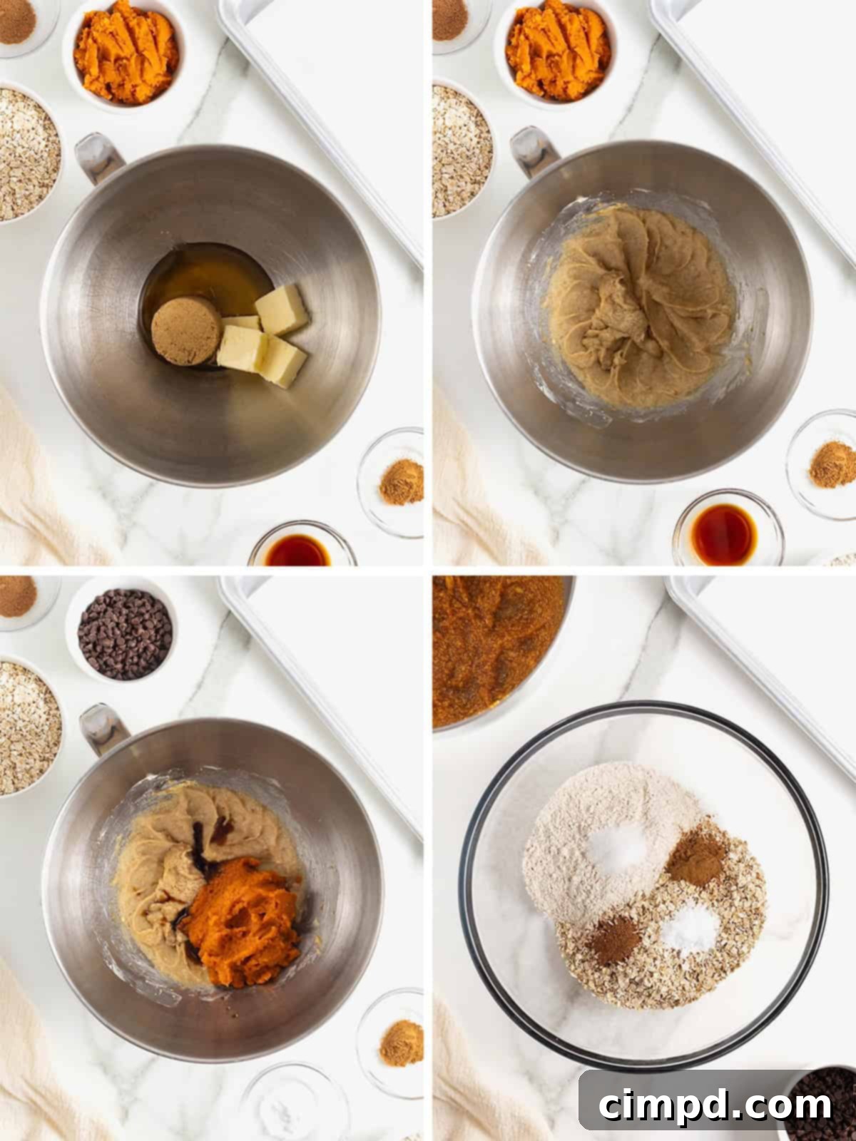 Steps to make pumpkin oatmeal chocolate chip cookies.