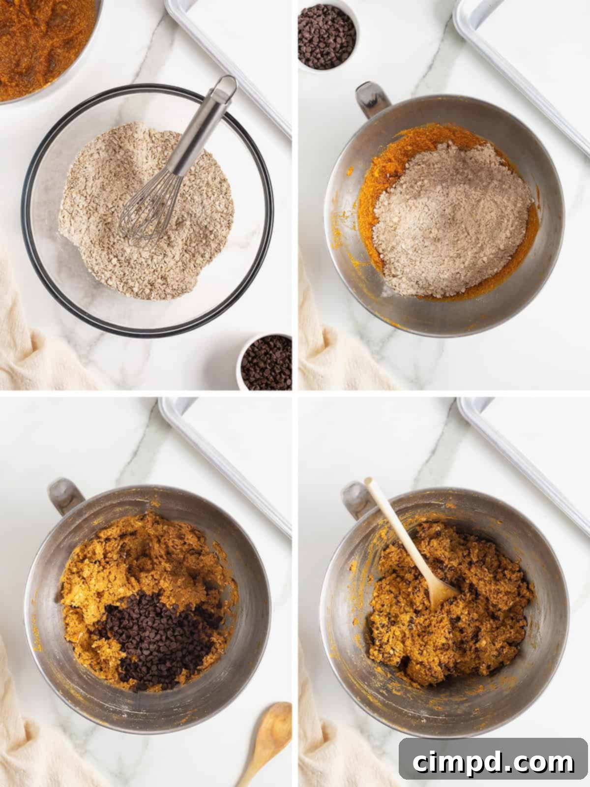 Steps to make pumpkin oatmeal chocolate chip cookies.