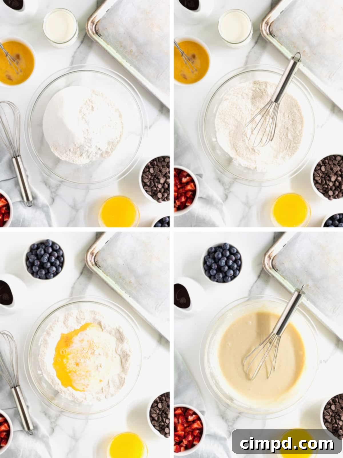 A visual guide showing the initial steps for mixing chocolate chip pancake batter in a bowl, with dry ingredients first, then wet ingredients being added.