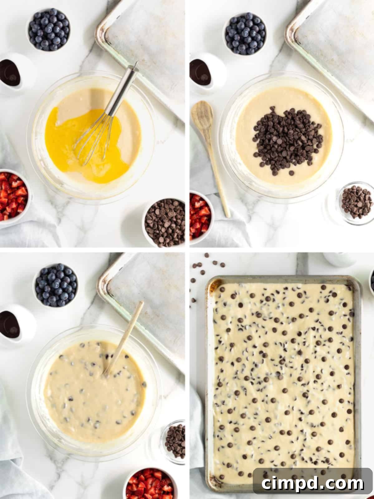 Step-by-step photos illustrating how to mix the remaining ingredients and spread the chocolate chip pancake batter evenly into a sheet pan for baking.