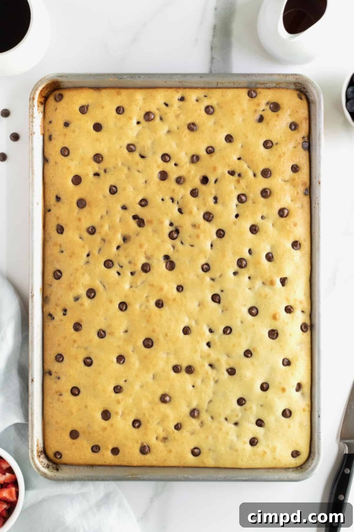 A sheet pan of chocolate chip sheet pan pancakes