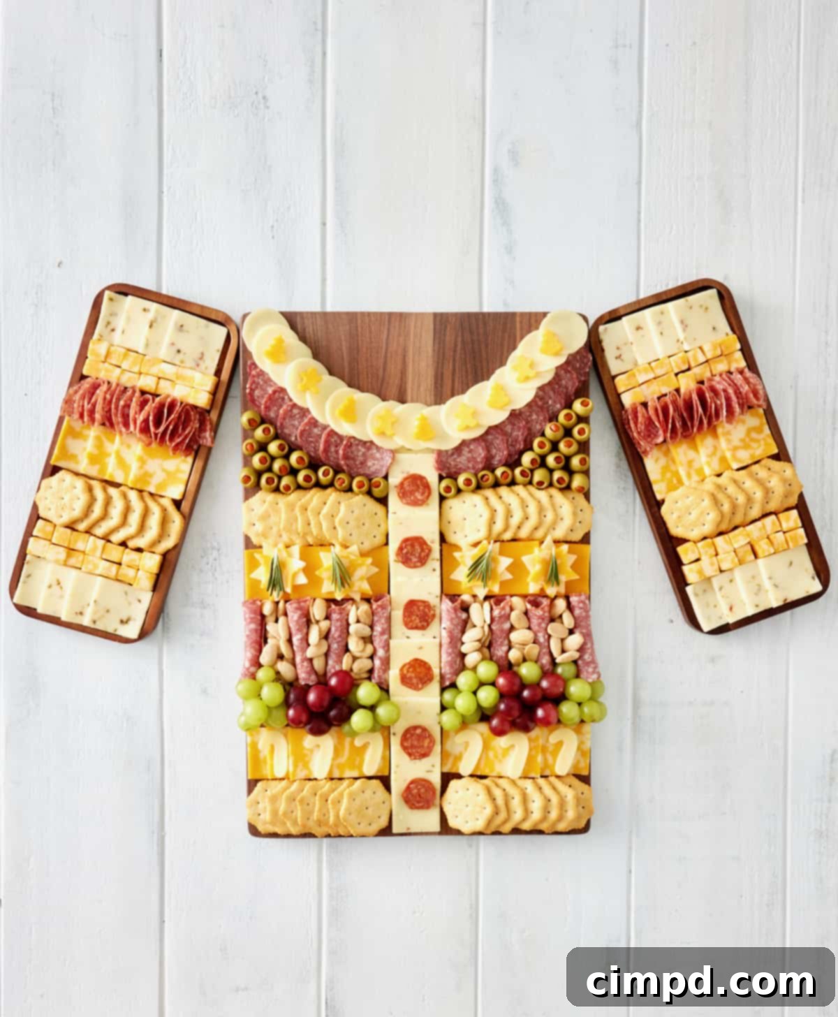 Wooden food boards made to look like an ugly Holiday sweater.