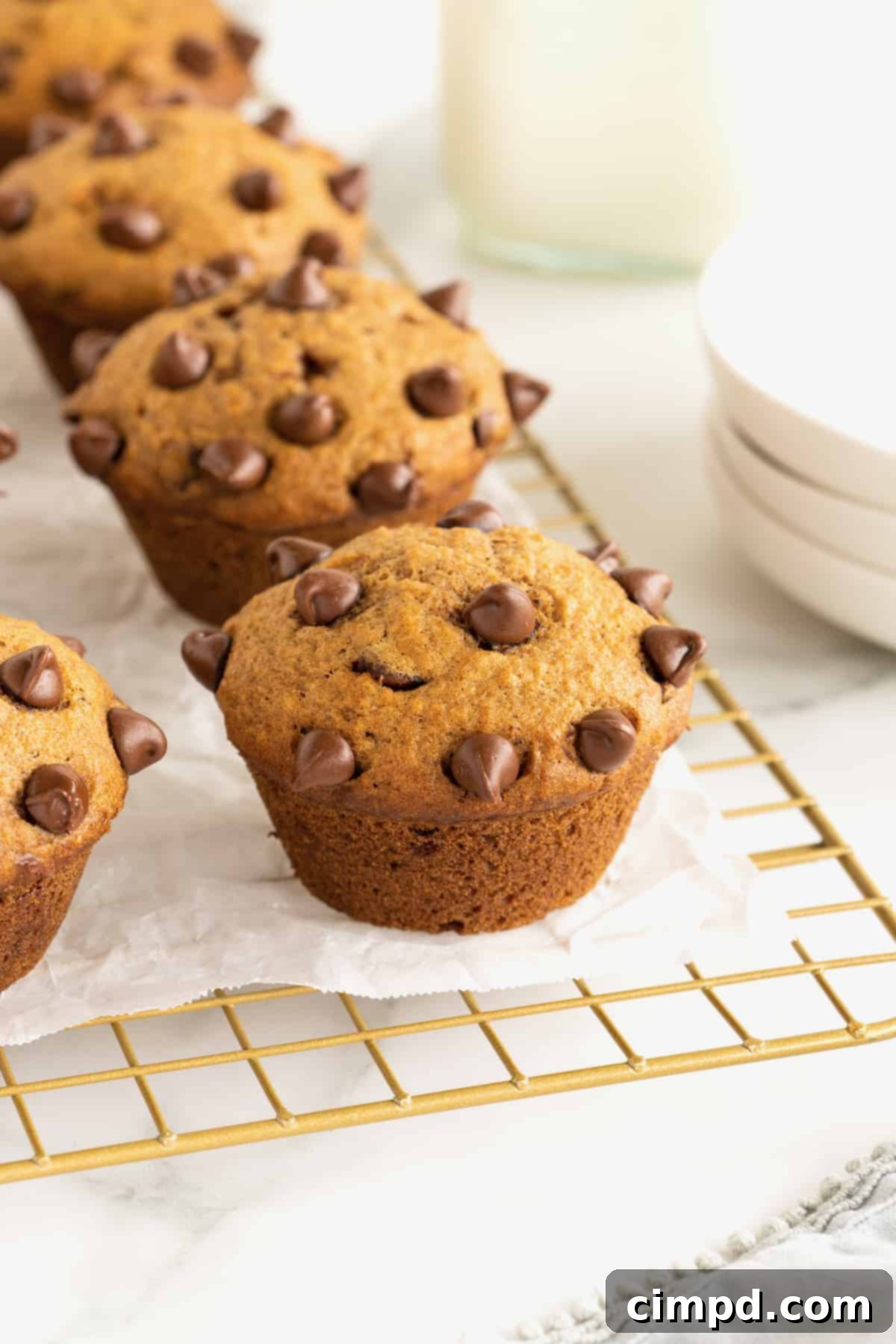 Four golden-brown pumpkin chocolate chip muffins cooling on a parchment-lined brass rack, ready to be enjoyed.