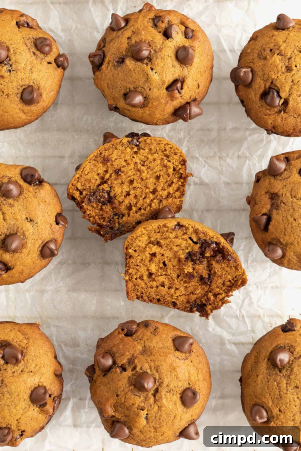 Nine warm pumpkin chocolate chip muffins on a cooling rack, with one cut in half to show its soft, chocolate-filled interior.