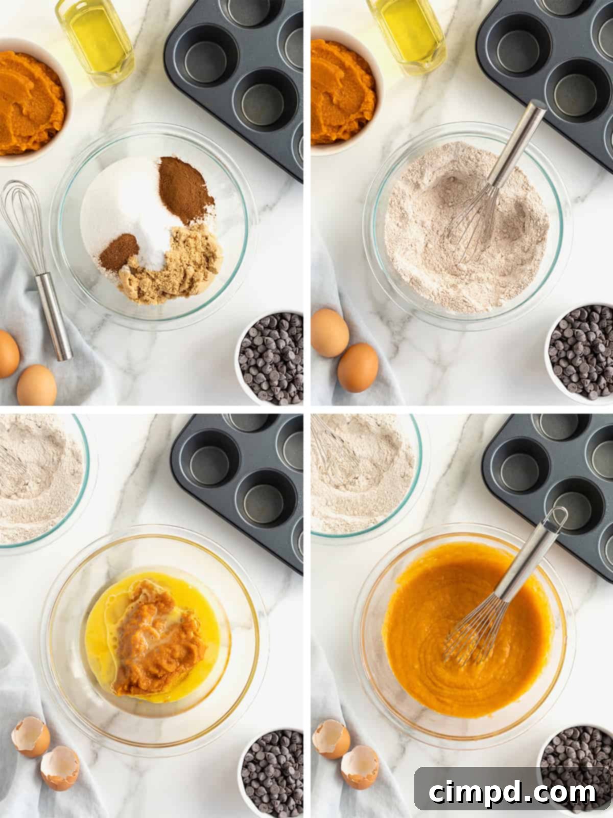 Visual steps illustrating the process of combining dry and wet ingredients separately for pumpkin chocolate chip muffins.