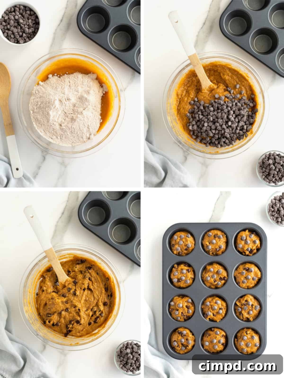 Further visual steps demonstrating how to combine wet and dry ingredients, add chocolate chips, and fill the muffin tin for baking.
