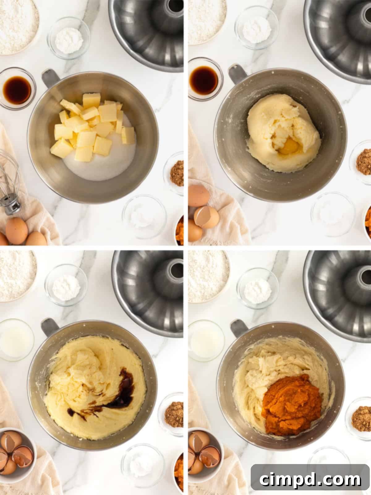 A visual guide showing the initial steps of making pumpkin pound cake batter, including mixing wet ingredients.