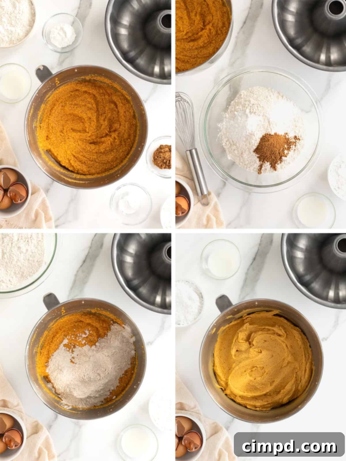 A visual guide depicting the process of mixing dry and wet ingredients for pumpkin pound cake batter.