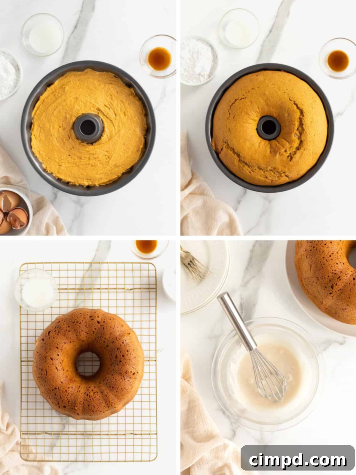 A series of images illustrating the final steps of preparing a pumpkin pound cake, including baking and glazing.
