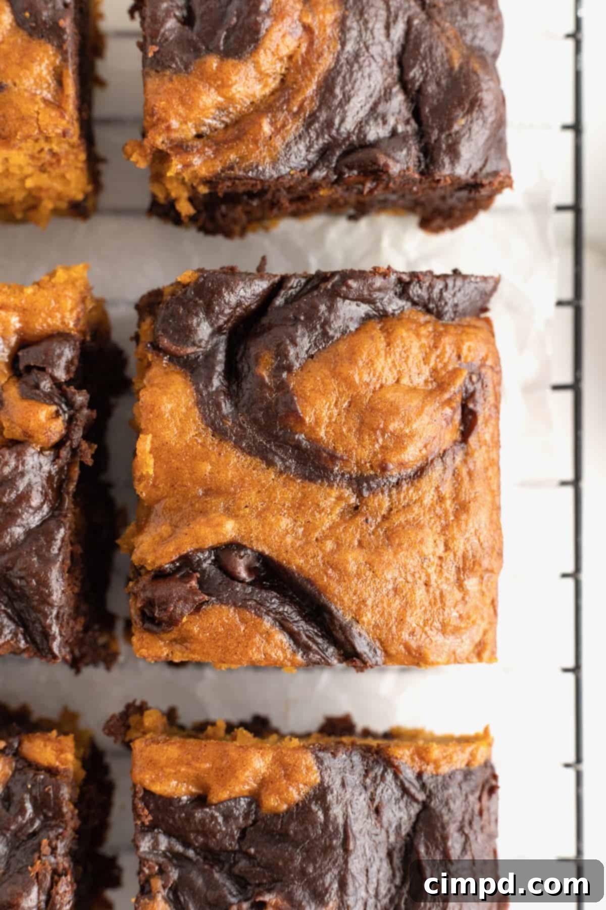 Six pumpkin swirl brownies on a parchment lined metal cooling rack.