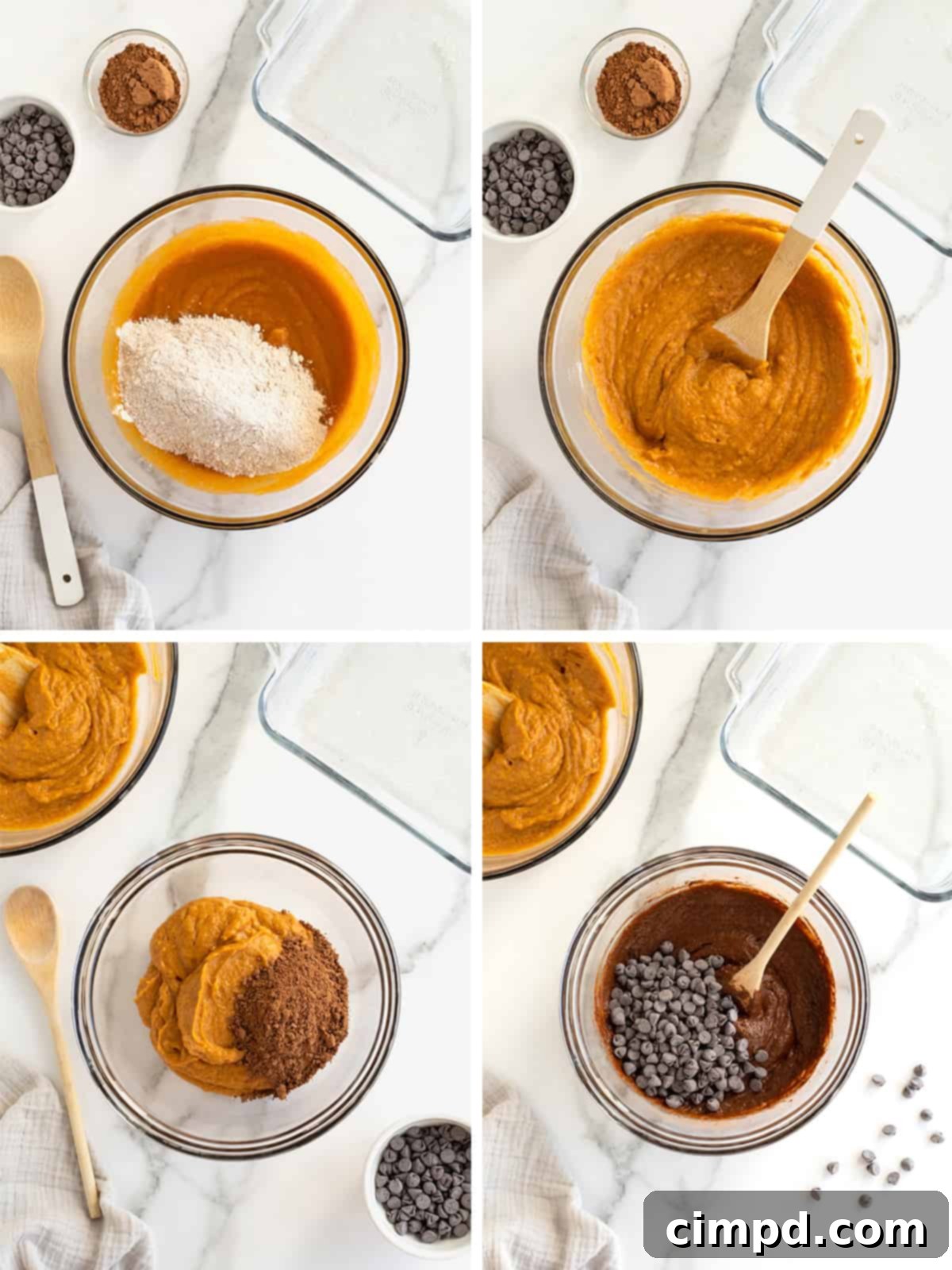 Steps to make Pumpkin Swirl Brownie batter.