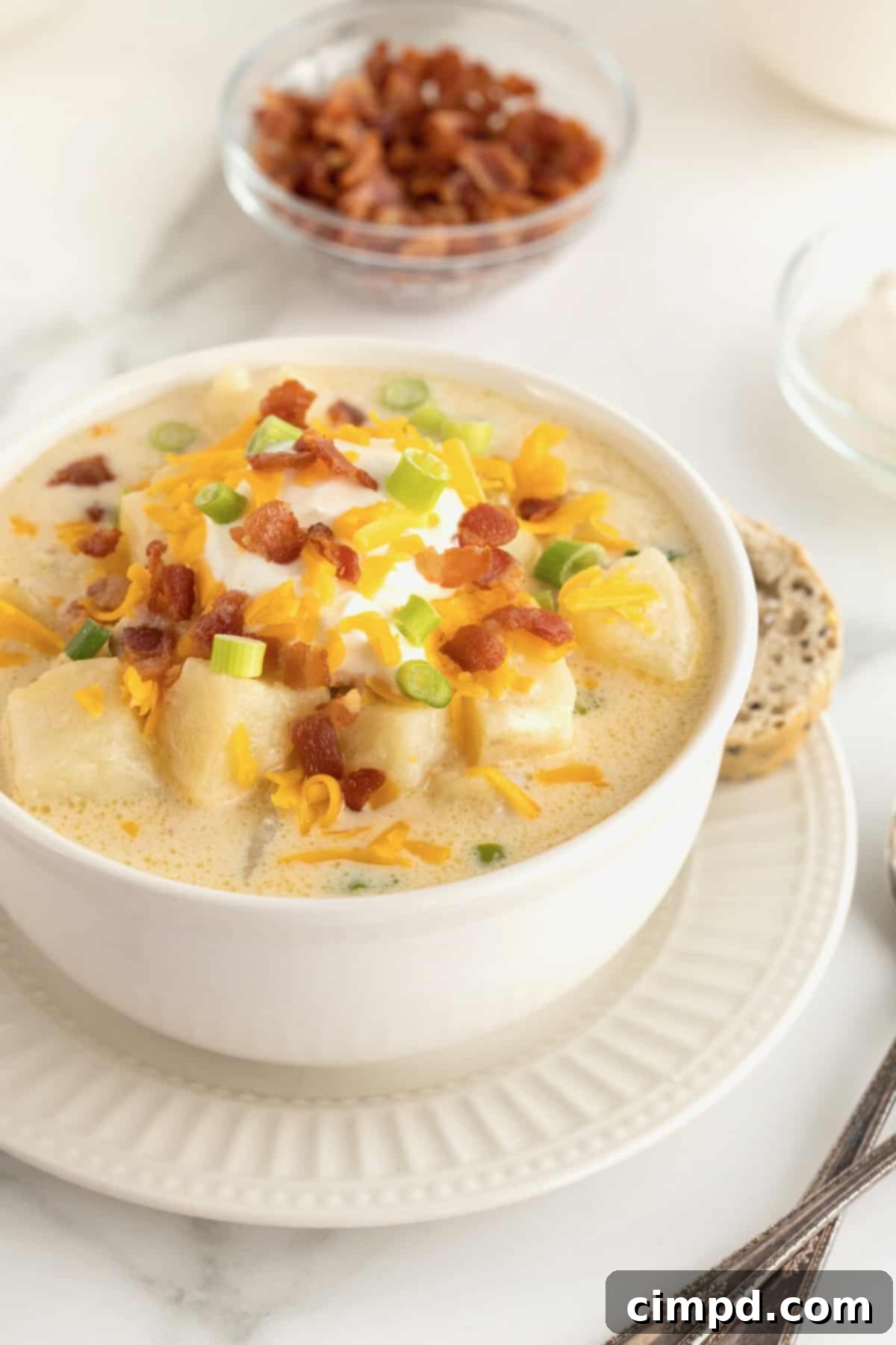 Hearty Loaded Baked Potato Soup 4 A close-up of a rustic white bowl brimming with hearty baked potato soup, lavishly garnished with crispy bacon bits, a generous sprinkle of shredded cheddar cheese, and fresh green chives, evoking warmth and comfort.