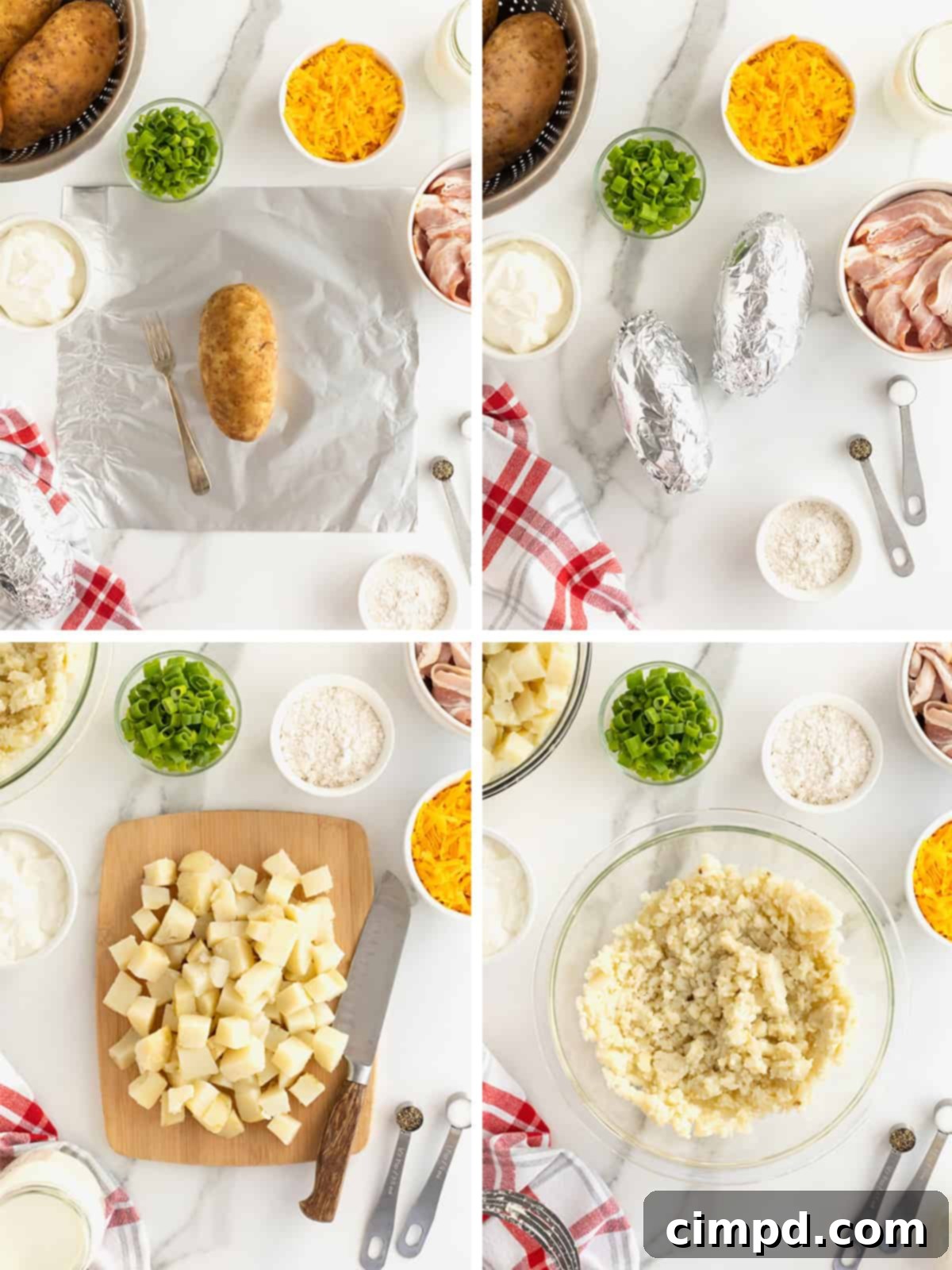 Hearty Loaded Baked Potato Soup 6 A visual collage illustrating the initial steps of making baked potato soup, including washing and piercing potatoes, wrapping them in foil for baking, and then mashing and cubing the cooked potatoes, showcasing the prep work involved.