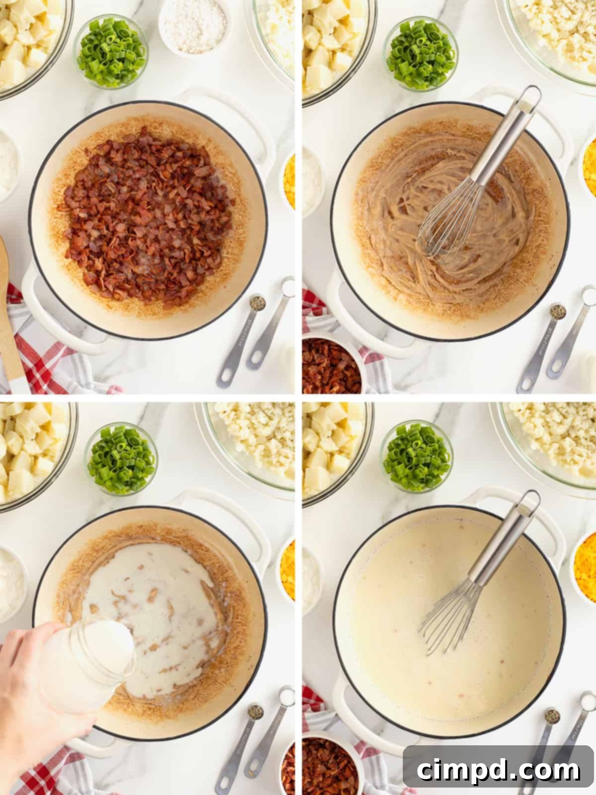 Hearty Loaded Baked Potato Soup 7 A series of culinary steps demonstrating how to make loaded baked potato soup, including cooking bacon, preparing a roux with bacon grease and flour, and slowly whisking in milk to create a creamy soup base.