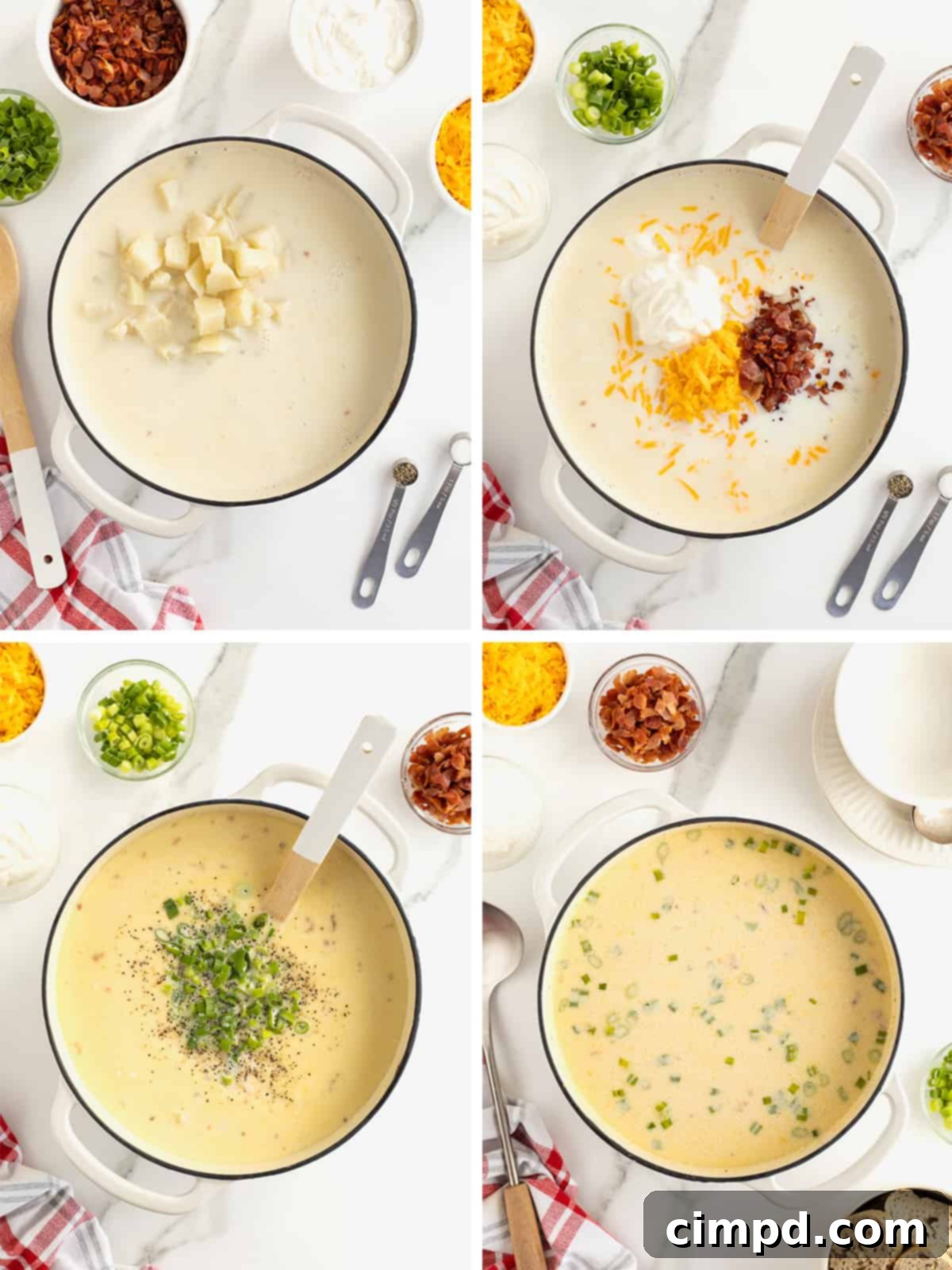 Hearty Loaded Baked Potato Soup 8 A sequence of images detailing the finishing steps for loaded baked potato soup, showing mashed and cubed potatoes being added, cheese and sour cream melting into the soup, and finally, ladling the garnished soup into bowls for serving.