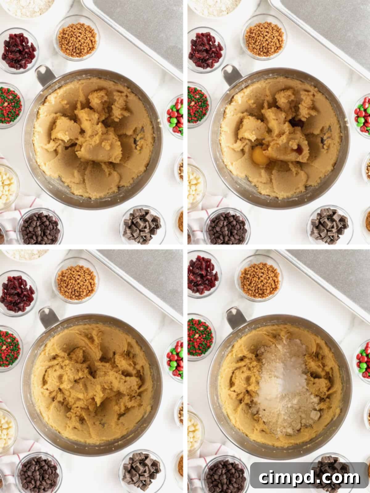 Sequential images illustrating the initial steps of preparing the cookie dough for holiday cookie bars, from mixing to combining ingredients.