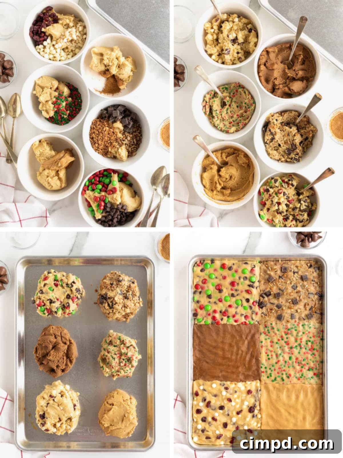 A series of close-up images demonstrating the process of dividing and pressing the various holiday cookie dough flavors into designated sections of a sheet pan.