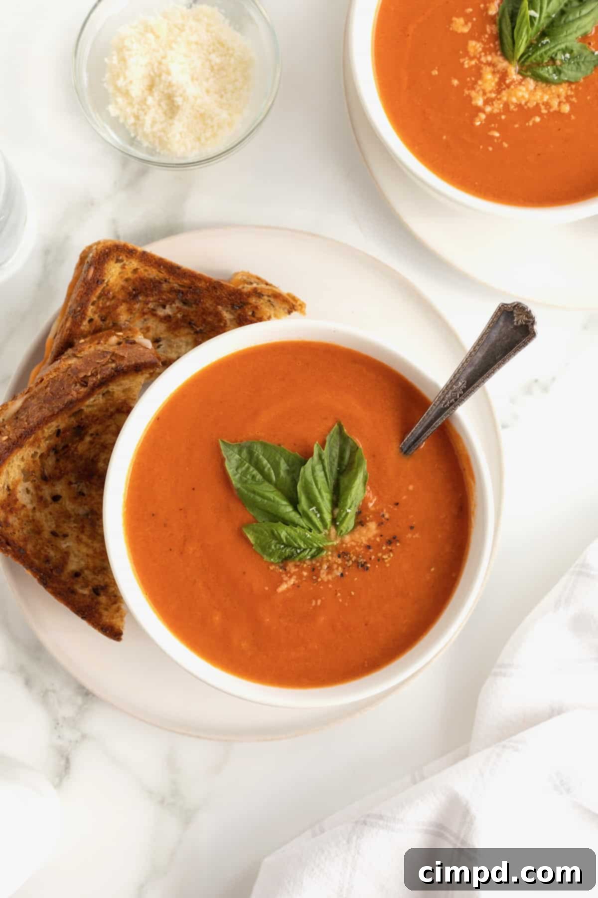 A steaming bowl of homemade creamy tomato soup, perfectly garnished, sits beside two halves of a crispy grilled cheese sandwich on a large white round plate.