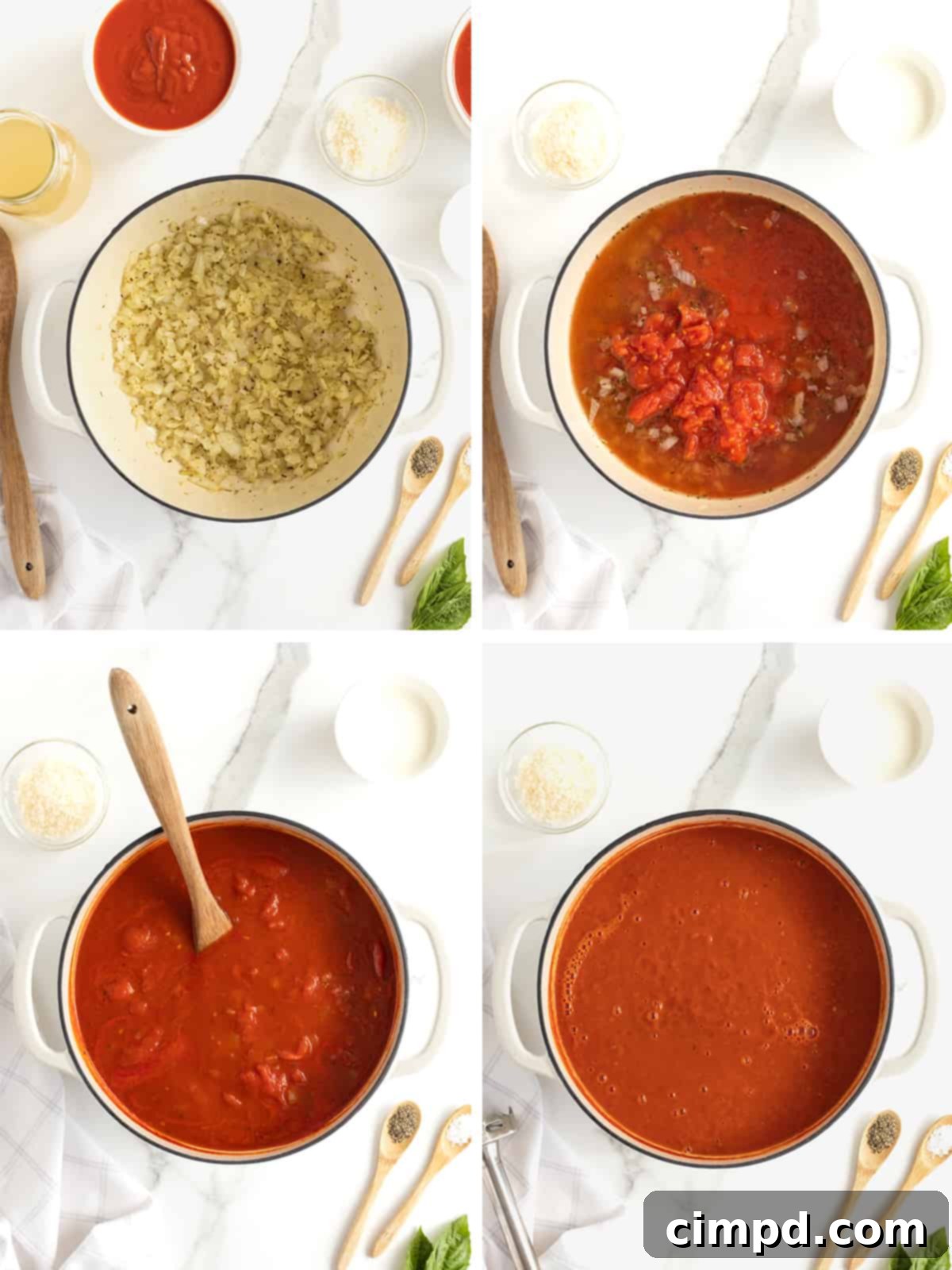 A visual step-by-step guide illustrating the process of making homemade creamy tomato soup, from sautéing onions to blending.