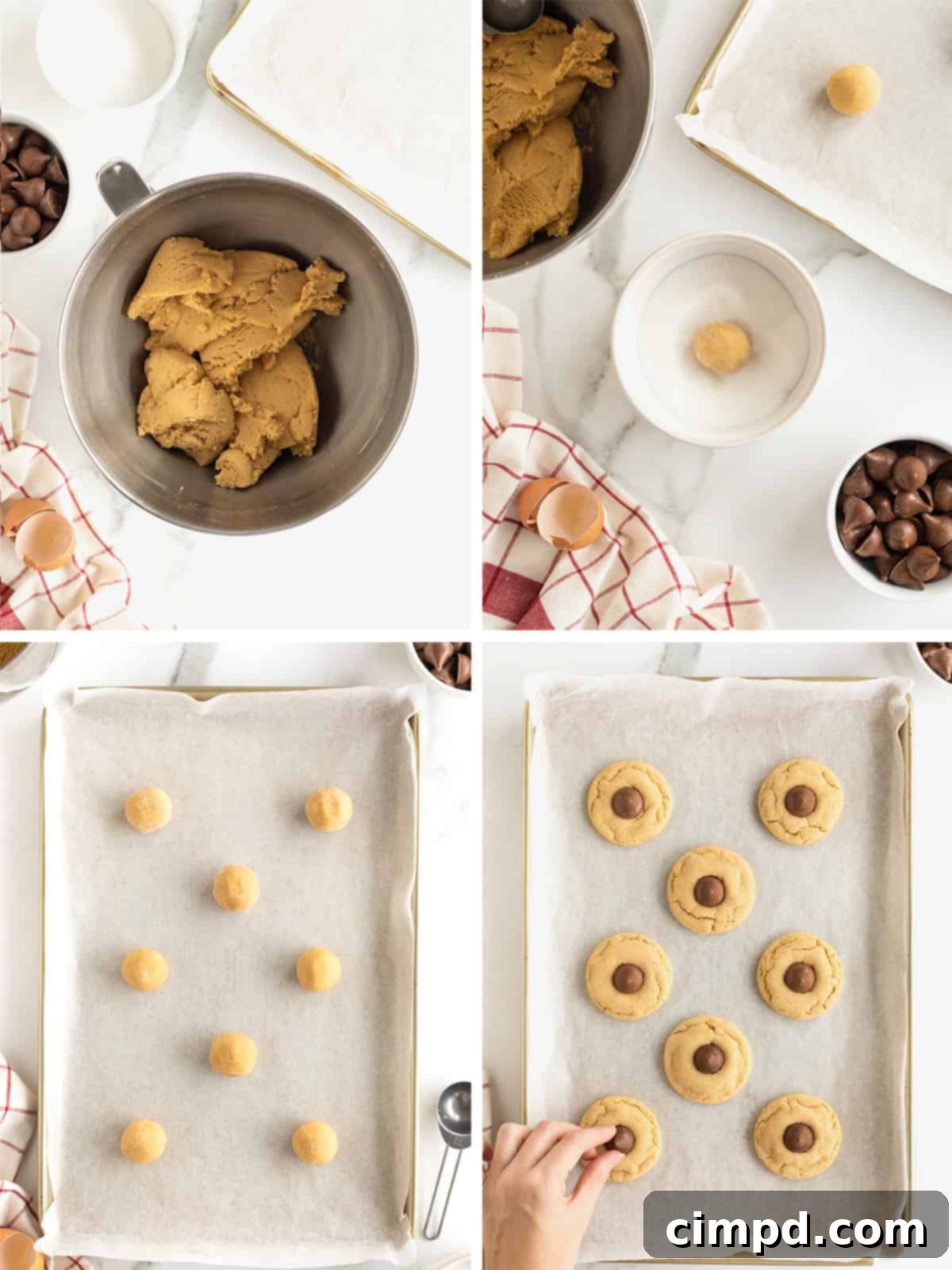 Steps to make peanut butter kiss cookies. 